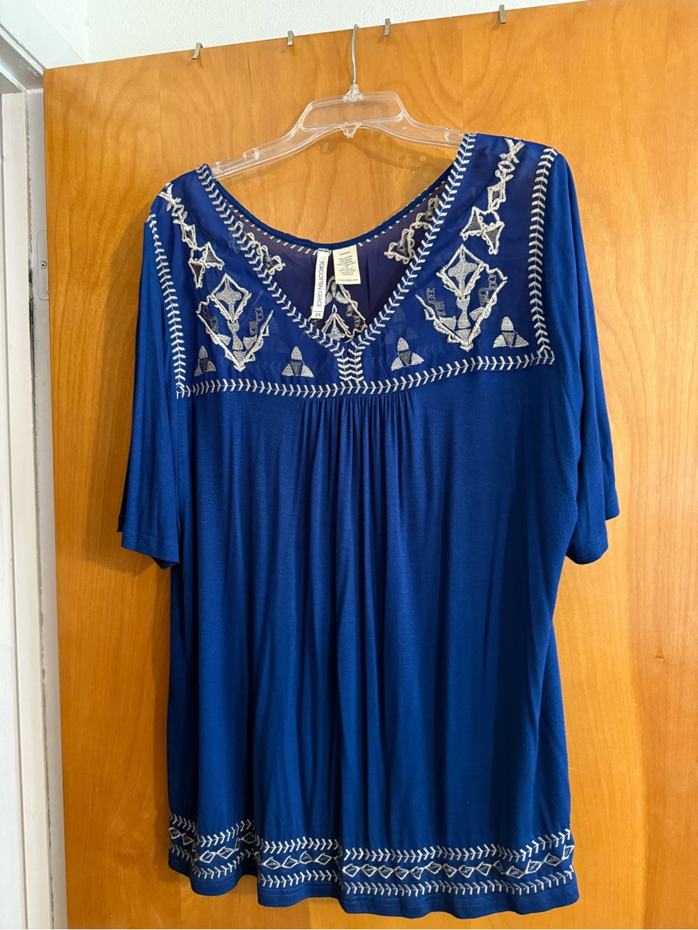 Embroidered V-Neck Royal Blue Women's Tunic Top